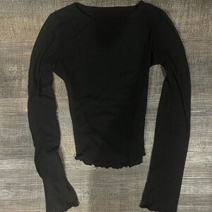 SHEIN ribbed long sleeve black top with lettuce-trim details